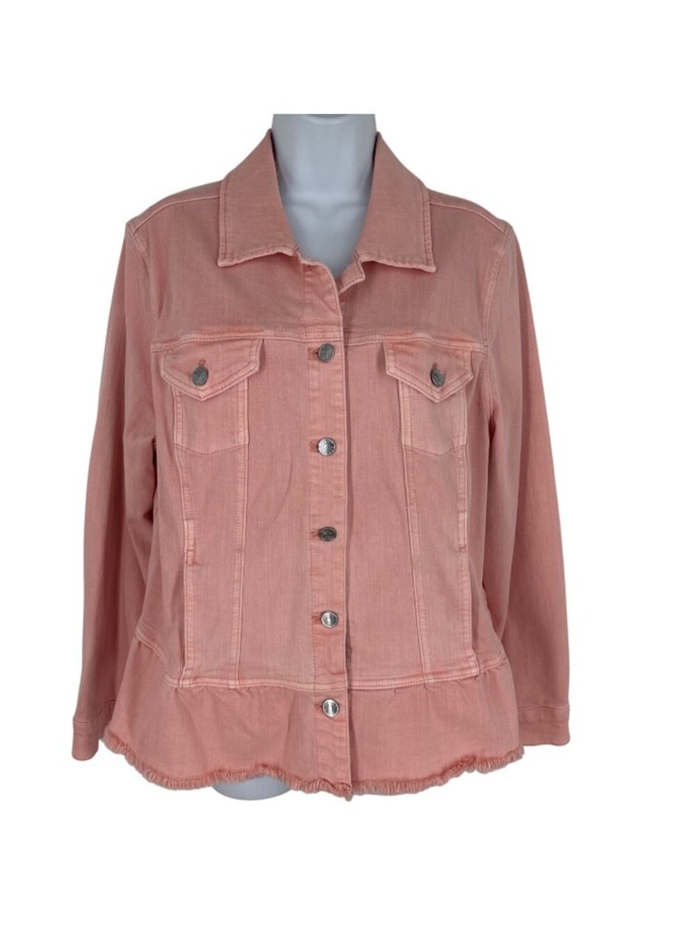 Chico's Pink Denim Jacket With Frayed Hem & Button Front Women’s Size 2 US L